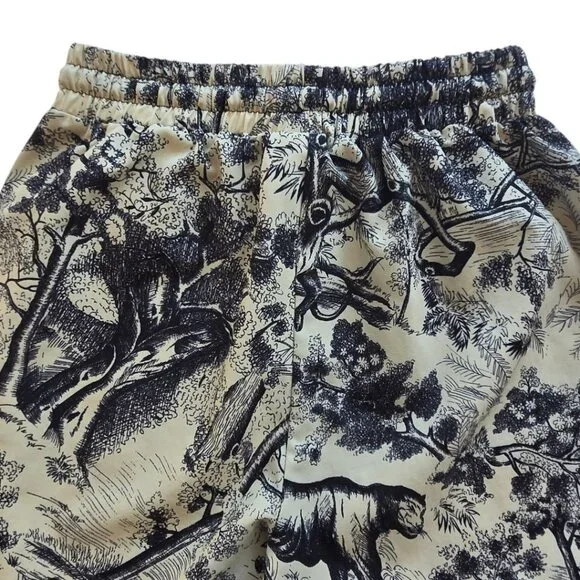 Face Fashion Toile Print Wide-Leg Pants Elastic Waist Cotton Blend Beige/Blue - Picture 4 of 11